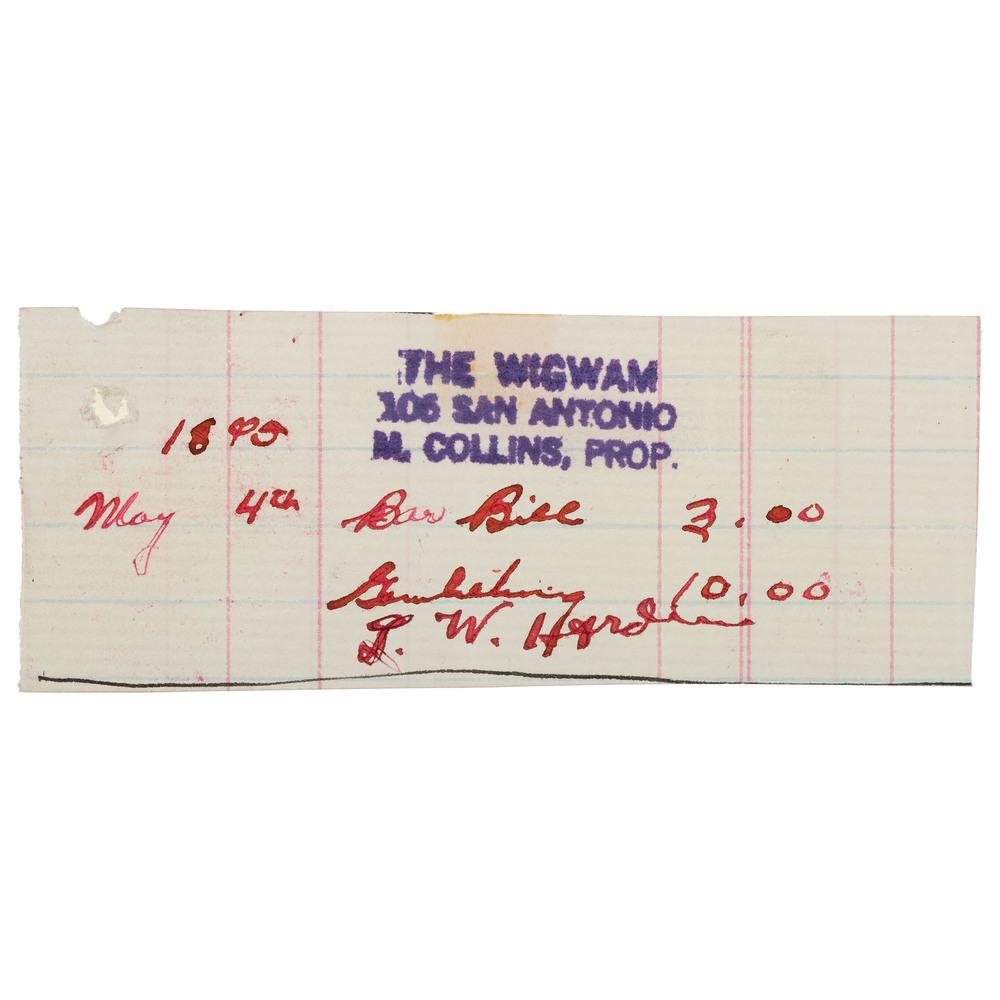 John Wesley Hardin Signed Wigwam Saloon Tab: Manuscript bar tab on ruled, trimmed paper, 1.5 x 4 in., with handstamp of "The Wigwam / 106 San Antonio / M. Collins, Prop." at top. Dated May 4, 1895. The tab notes that Hardin owed $3.00 for his "B