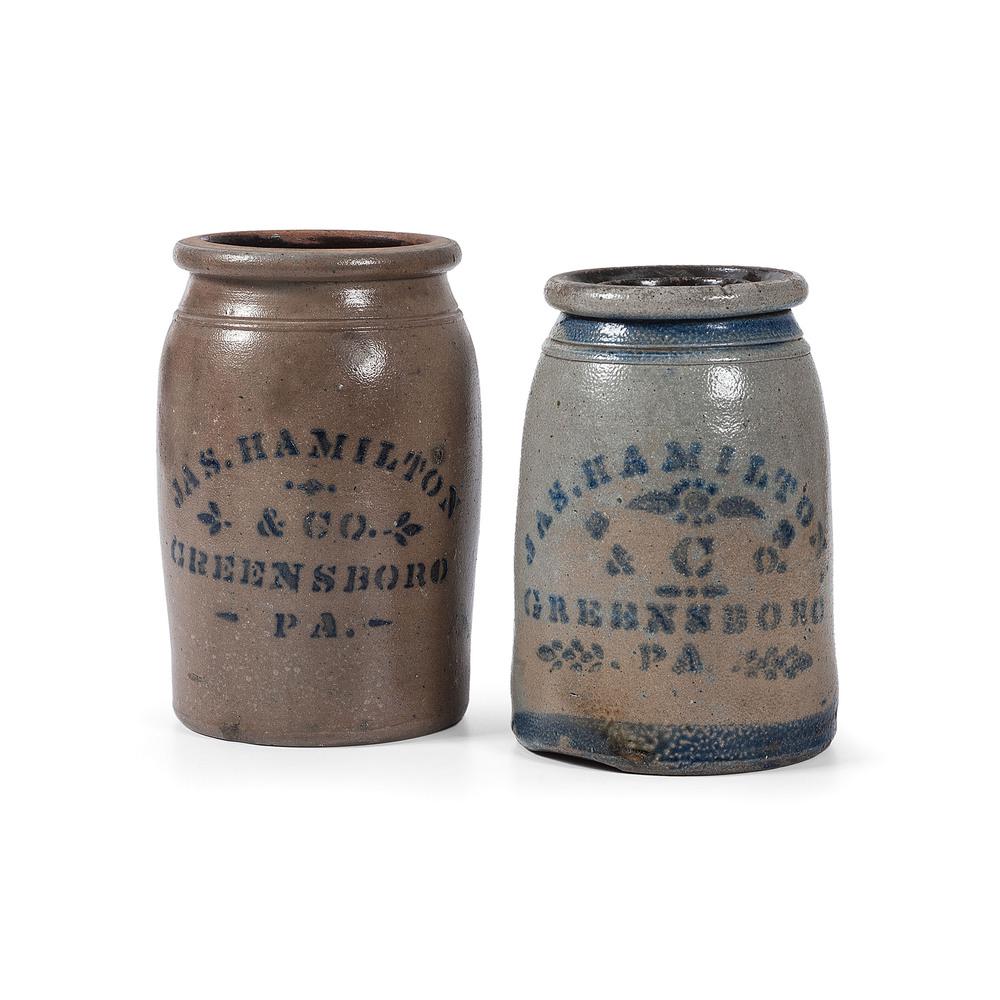 Two Hamilton & Co. Cobalt-Decorated Stoneware Vessels: Jas. Hamilton & Co., Greensboro, Pennsylvania, Mid/Late 19th Century both with cobalt stenciled maker's name and location, canner with two blue stripes framing the label. Height of larger 10 inches.