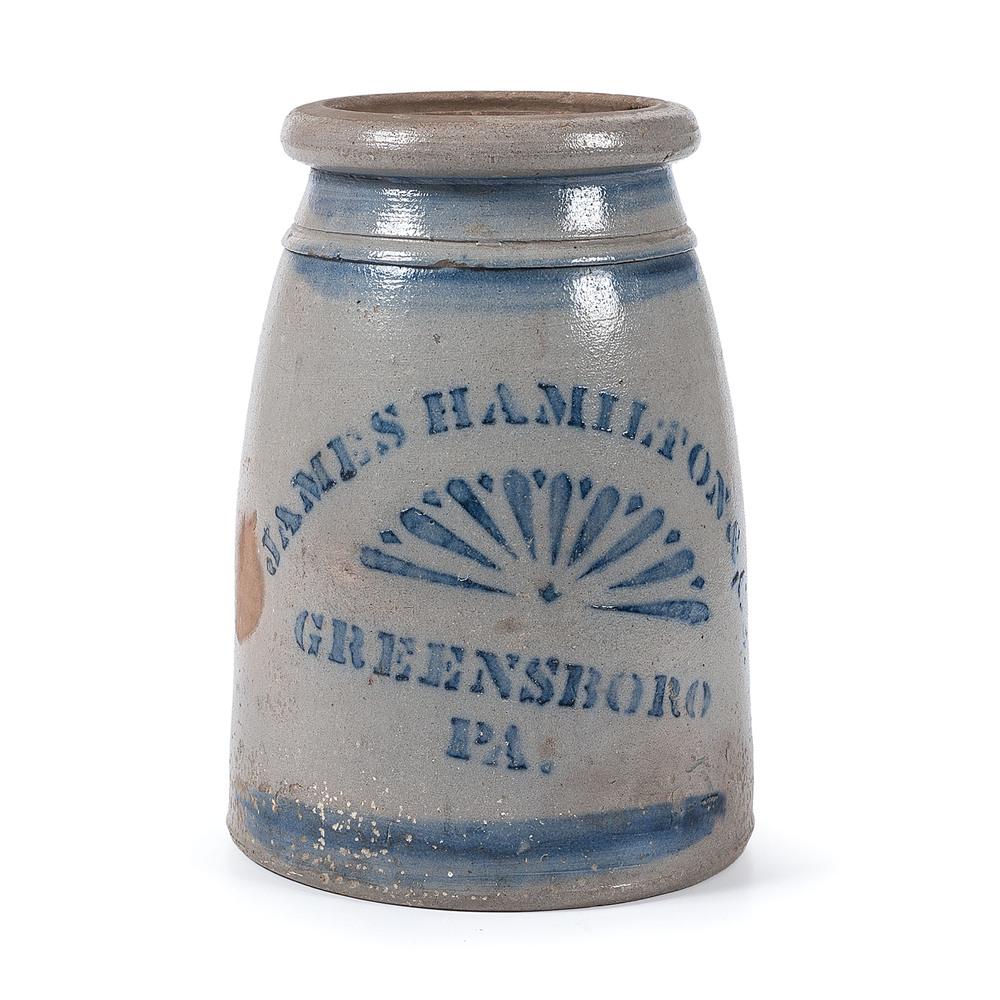 A Pennsylvania Two Quart Stoneware Canning Jar with: A Pennsylvania Two Quart Stoneware Canning Jar with Stenciled Cobalt Fan James Hamilton & Co., Greensboro, Pennsylvania, Second Half 19th Century of conical form, with cobalt stenciled James Hamilton 