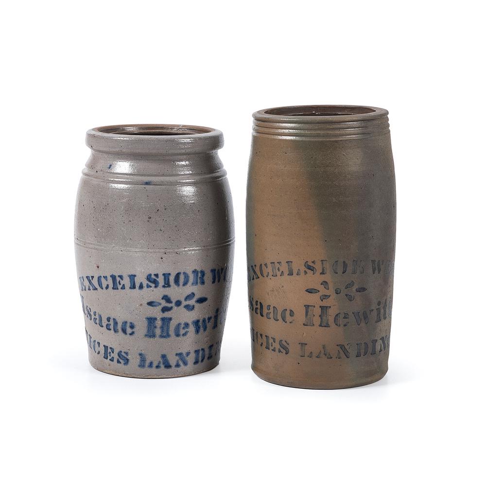 Two Excelsior Works Stoneware Merchant: Rice's Landing, Pennsylvania, circa 1840s includes a straight-sided fruit or canning jar with tooled rim, stenciled Excelsior Works Issac Hewitt Rice's Landing, and a later example with tooled colla