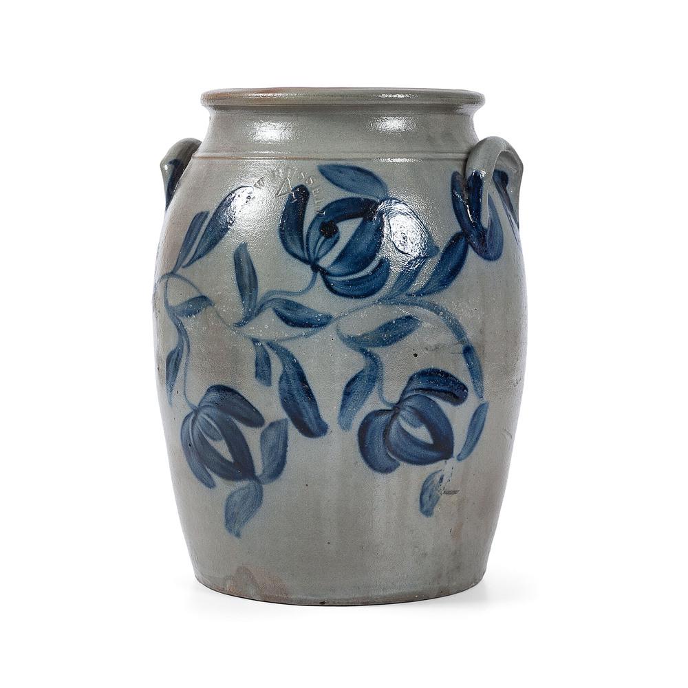 A Scarce Pennsylvania 4 Gallon Cobalt-Decorated: A Scarce Pennsylvania 4 Gallon Cobalt-Decorated Stoneware Crock R.W. Russell, Beaver, Pennsylvania, Mid 19th Century with tooled neck, applied lug handles, and chop mark of R.W. Russell arched over 4,