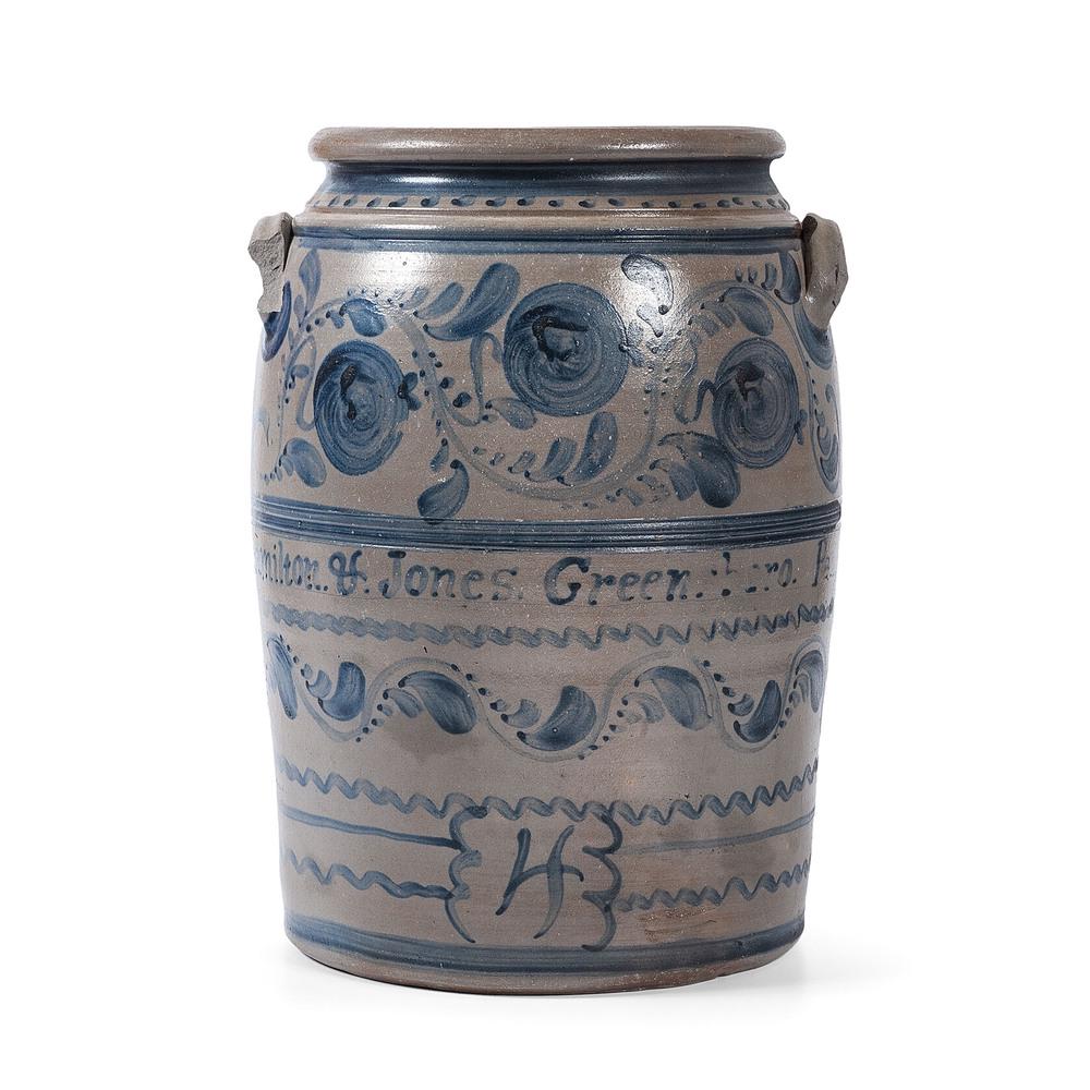 An Exceptional Pennsylvania Free-Hand Cobalt Decorated: An Exceptional Pennsylvania Free-Hand Cobalt Decorated 4 Gallon Crock Hamilton & Jones, Greensboro, Pennsylvania, Last Quarter 19th Century a rare crock, entirely decorated by hand, with lavish cobalt