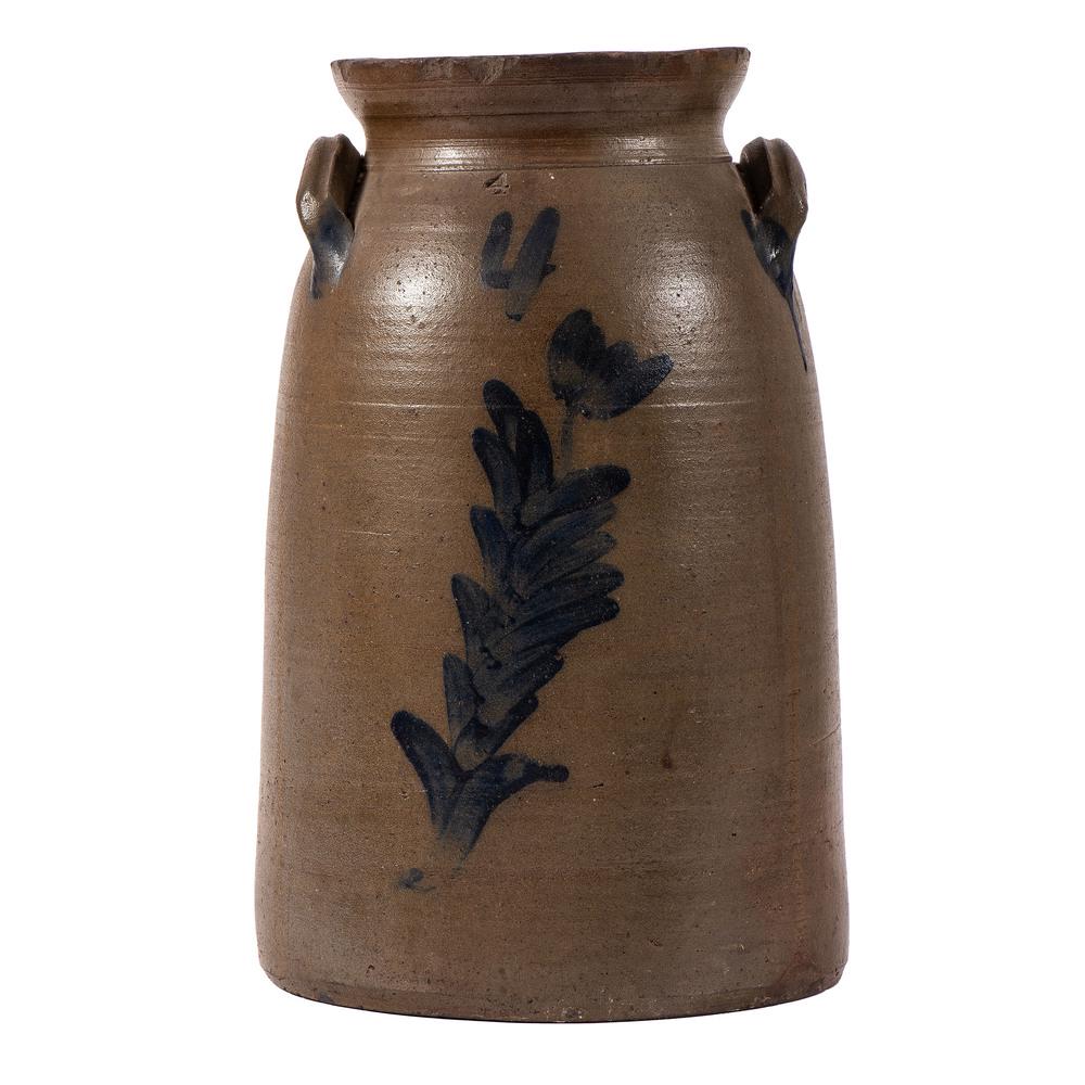A Fine Four Gallon Stoneware Churn with Cobalt Lillies: Possibly Ohio, Second Half 19th Century unmarked, of tall conical form with high flaring lip and tooled neck, with two applied lug handles and cobalt lilies on front and back, with freehand capacity m