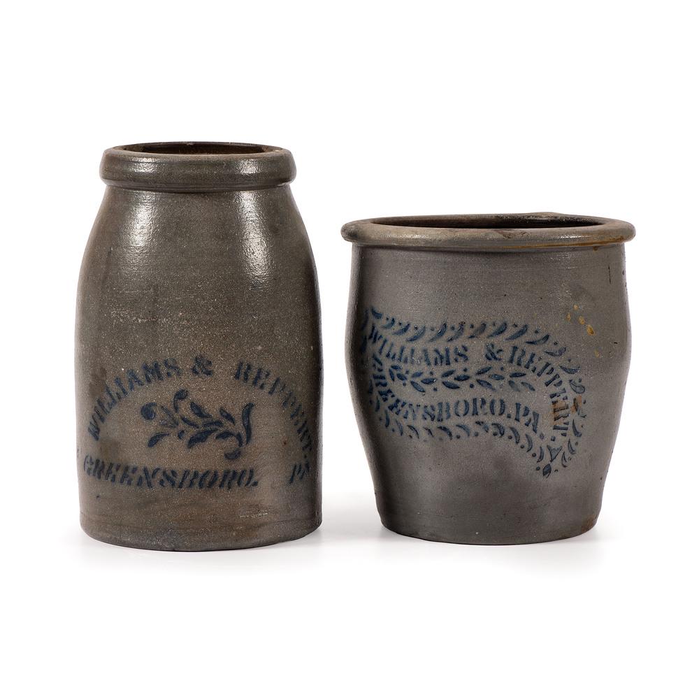 A Pennsylvania Stoneware Crock and Jar: Williams and Reppert, Greensboro, Pennsylvania, Last Quarter 19th Century a two quart canning jar and one gallon butter crock, both with stenciled decorations. Height of larger 10 inches.