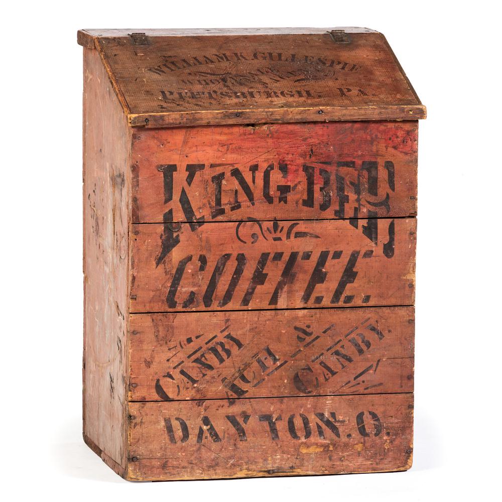 A King Bee Coffee Stenciled Display Bin: Pittsburgh, Pennsylvania, Late 19th/Early 20th Century the lid stenciled William K. Gillespie Wholesale Agent Pittsburgh PA, the front panel stenciled King Bee Coffee Canby Ach & Canby Dayton O. He