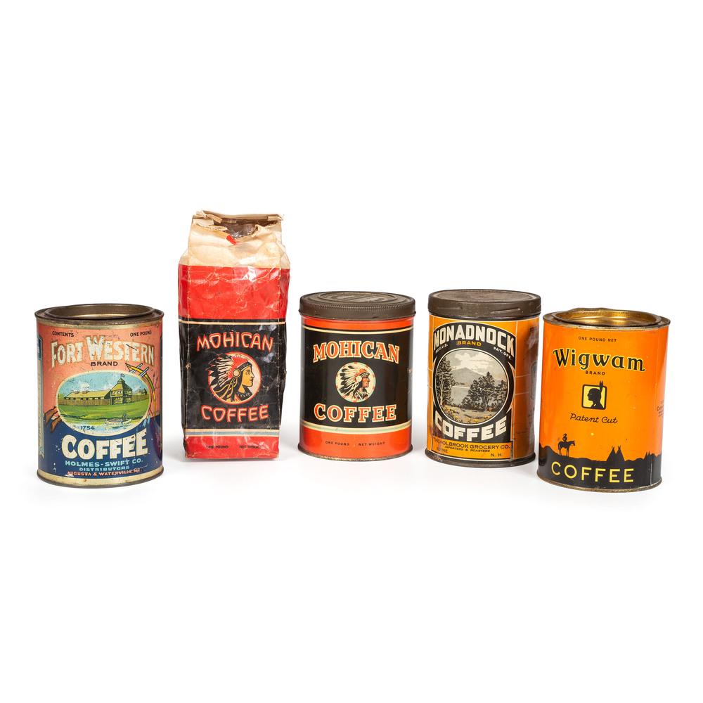 Five New York, Michigan and New England Coffee Tins and: Five New York, Michigan and New England Coffee Tins and Bag 20th Century includes four tins for Carpenter Cook Co. (Michigan), Holbrook Grocery Co. (New Hampshire), Holmes Swift Co. (Maine), and Mohic
