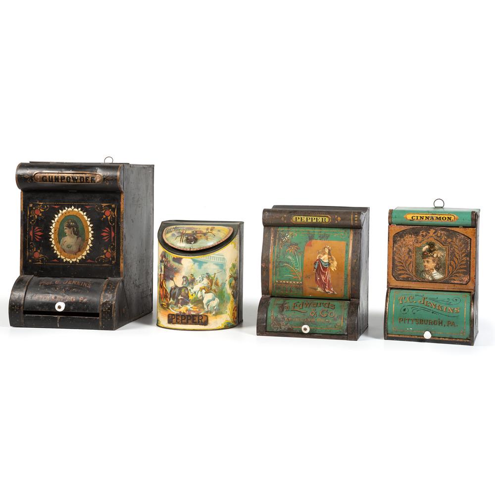 Four Countertop Tin Tea Bins: Late 19th/Early 20th Century Height of largest 16 inches.