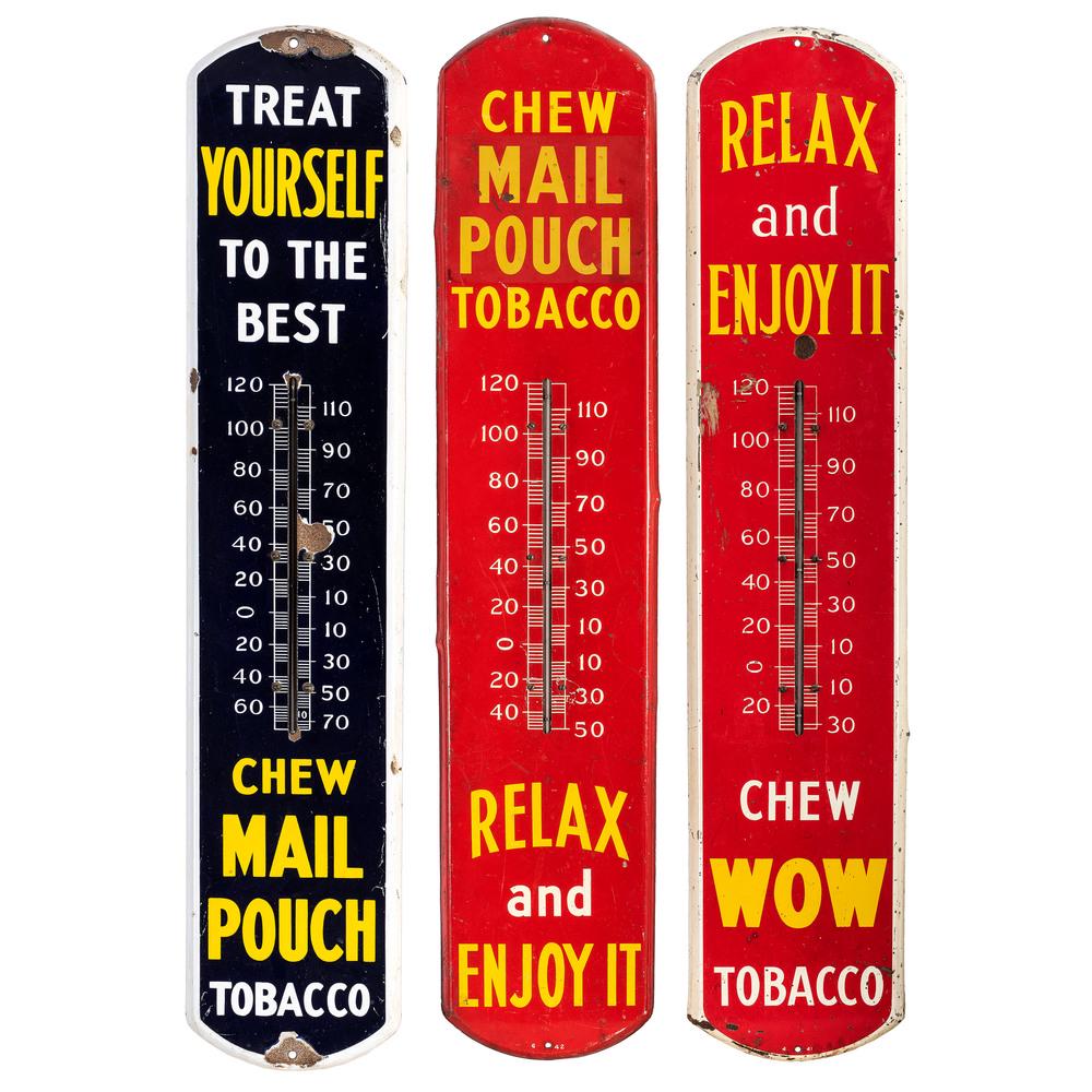 Three Tin Tobacco Advertising Thermometer Signs: American, 20th Century two for Mail Pouch tobacco and one for Wow tobacco. Height of largest 38 inches.