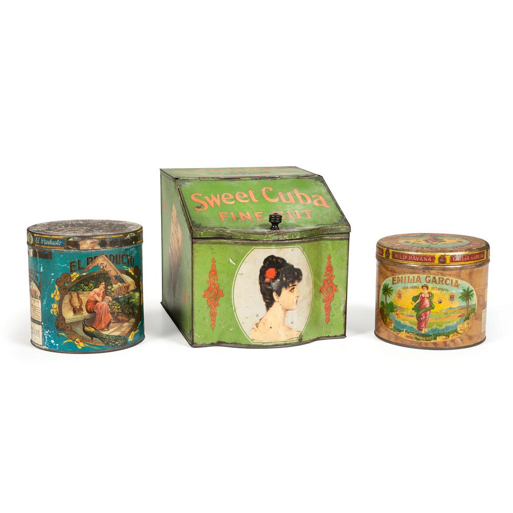 Three Cigar and Tobacco Tins: 20th Century including Sweet Cuba, El Producto and Emilia Garcia. Height of largest 8 x width 8 x depth 10 3/4 inches.