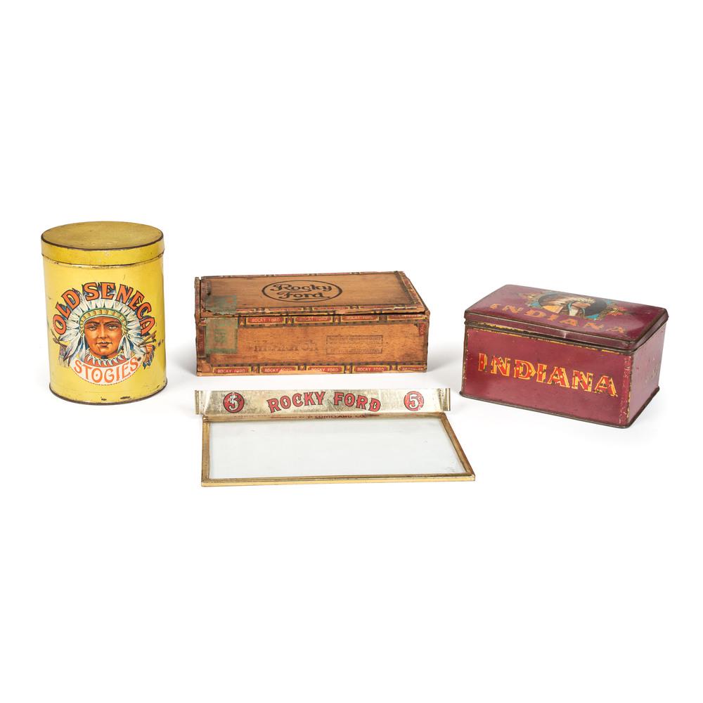 Three Cigar Tins and Box: 20th Century for brands including Old Seneca, Indiana and Rocky Ford. Height of largest 5 3/4 inches.