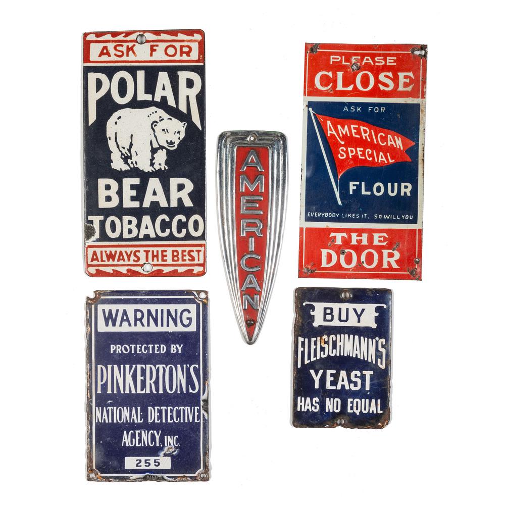Five Tin Advertising Door Pushes: Early 20th Century including Fleischmann's Yeast, American Special Flour, Polar Bear Tobacco, and Pinkerton's National Detective Agency. Height of largest 7 x width 3 1/2 inches.