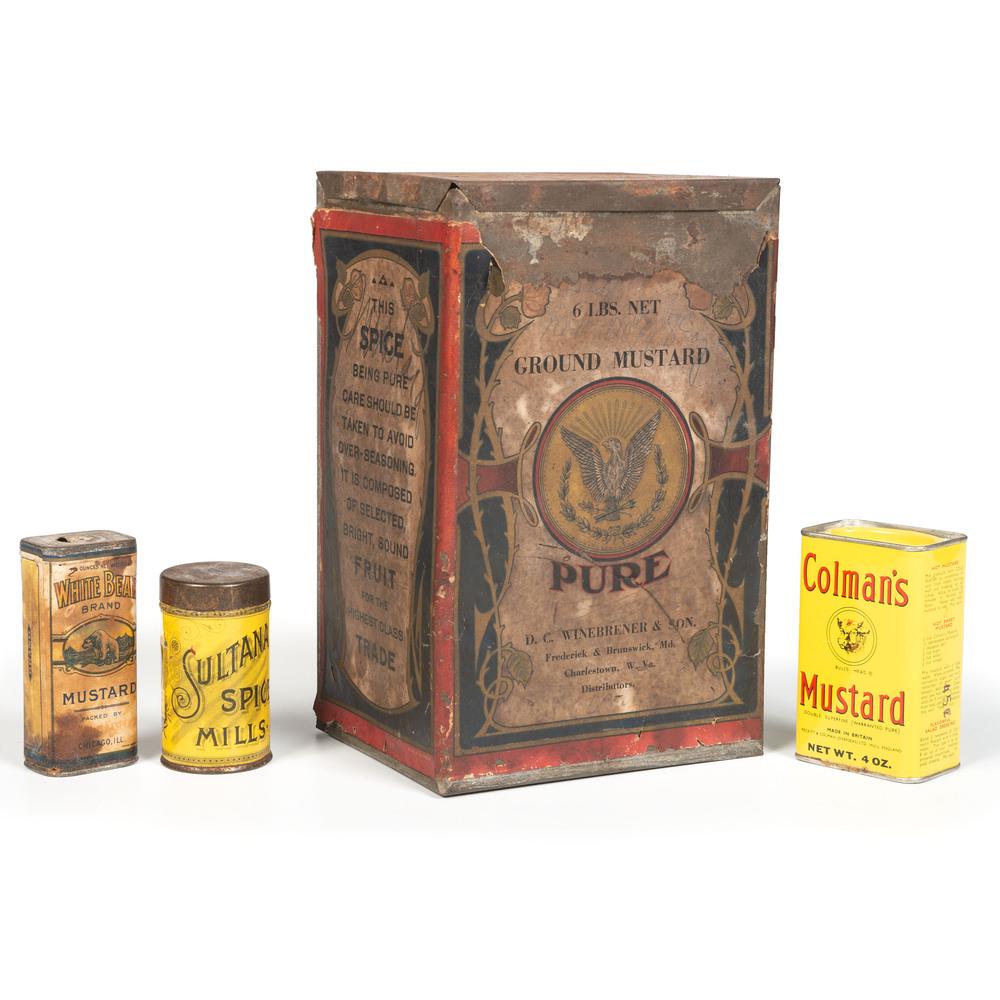 Four Mustard Tins: Late 19th/20th Century for brands including D.C. Winebrener and Son, Sultana, White Bear, and Colman's. Height of largest 10 x width 6 1/4 x depth 5 inches.