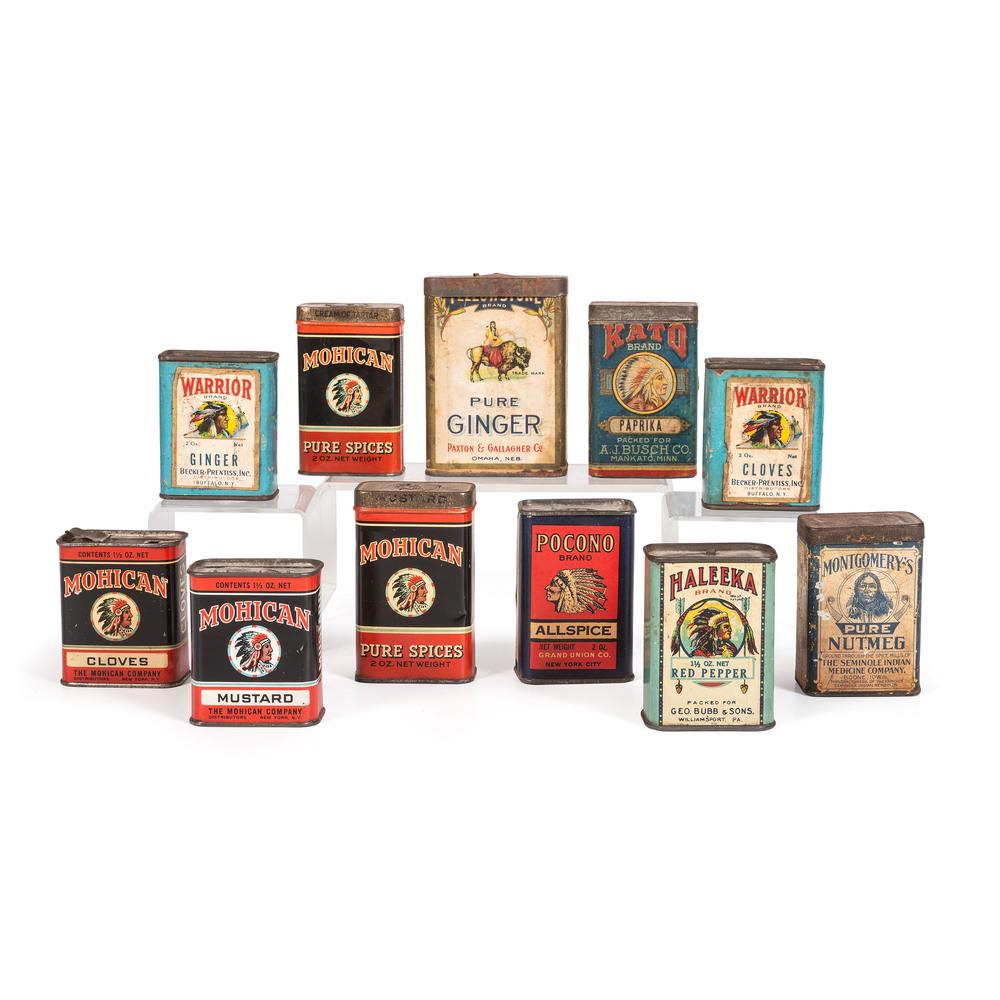 Eleven Spice Tins, Including Mohican and Warrior: 20th Century also includes Montgomery's, Pocono, Paxton & Gallagher Co., Haleeka, and Kato. Height of largest 4 3/8 inches.