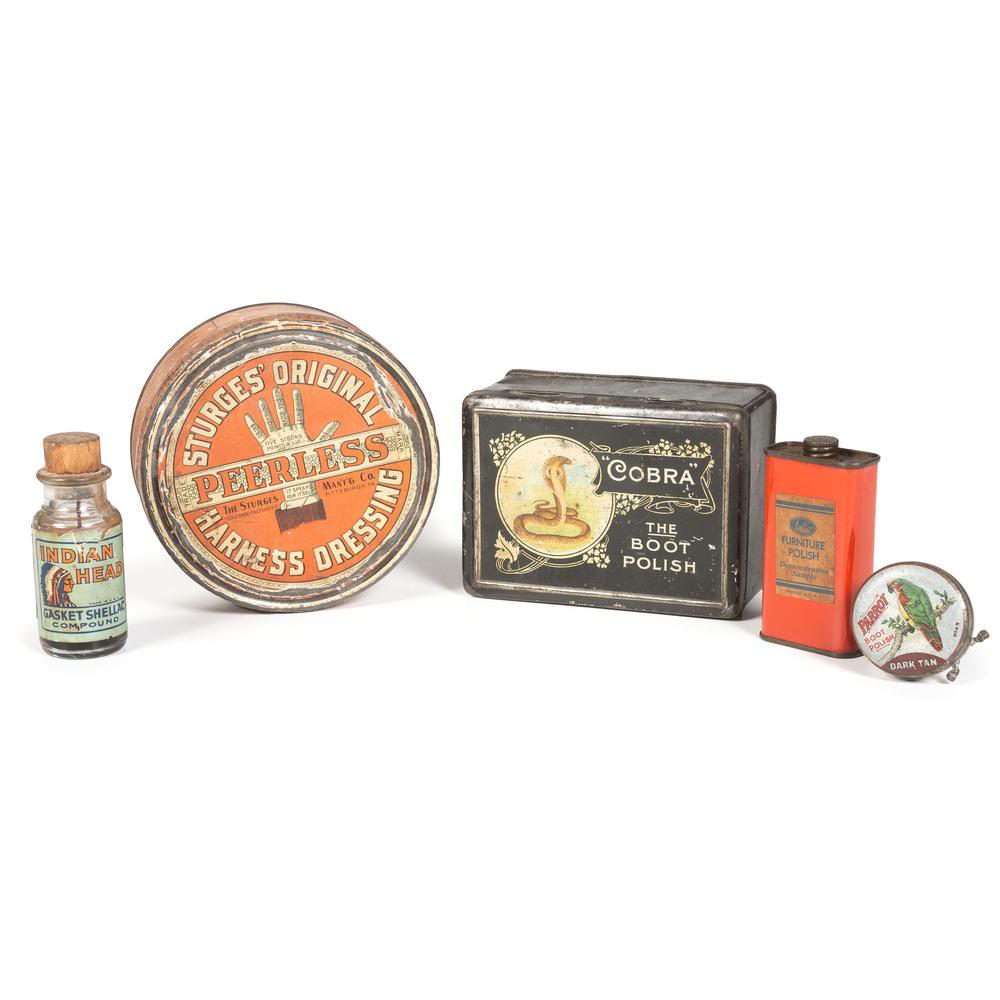 A Group of Assorted Advertising Tins and Bottle: 20th Century including boot polish, furniture polish, harness dressing and gasket shellac. Height of largest 2 5/8 x width 6 x depth 4 1/4 inches.