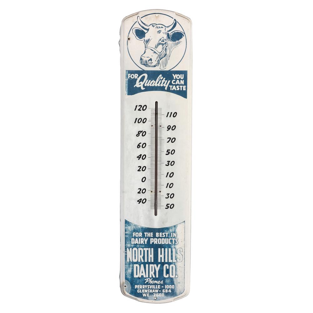 Four Tin and Wood Advertising Thermometers: American, 20th Century including J.W. Field Prescription Druggist, The Model Coat & Apron Supply Co., North Hills Dairy Co. and Coca-Cola. Height of largest 36 inches.