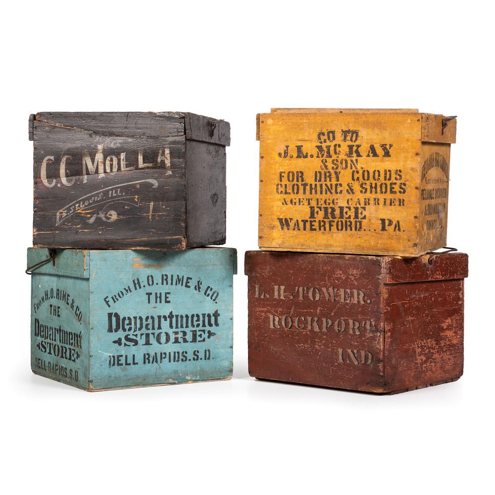 Four Painted and Stenciled Wood Advertising Crates: Late 19th/Early 20th Century Height of largest 11 1/4 x width 13 1/4 x depth 12 1/4 inches.