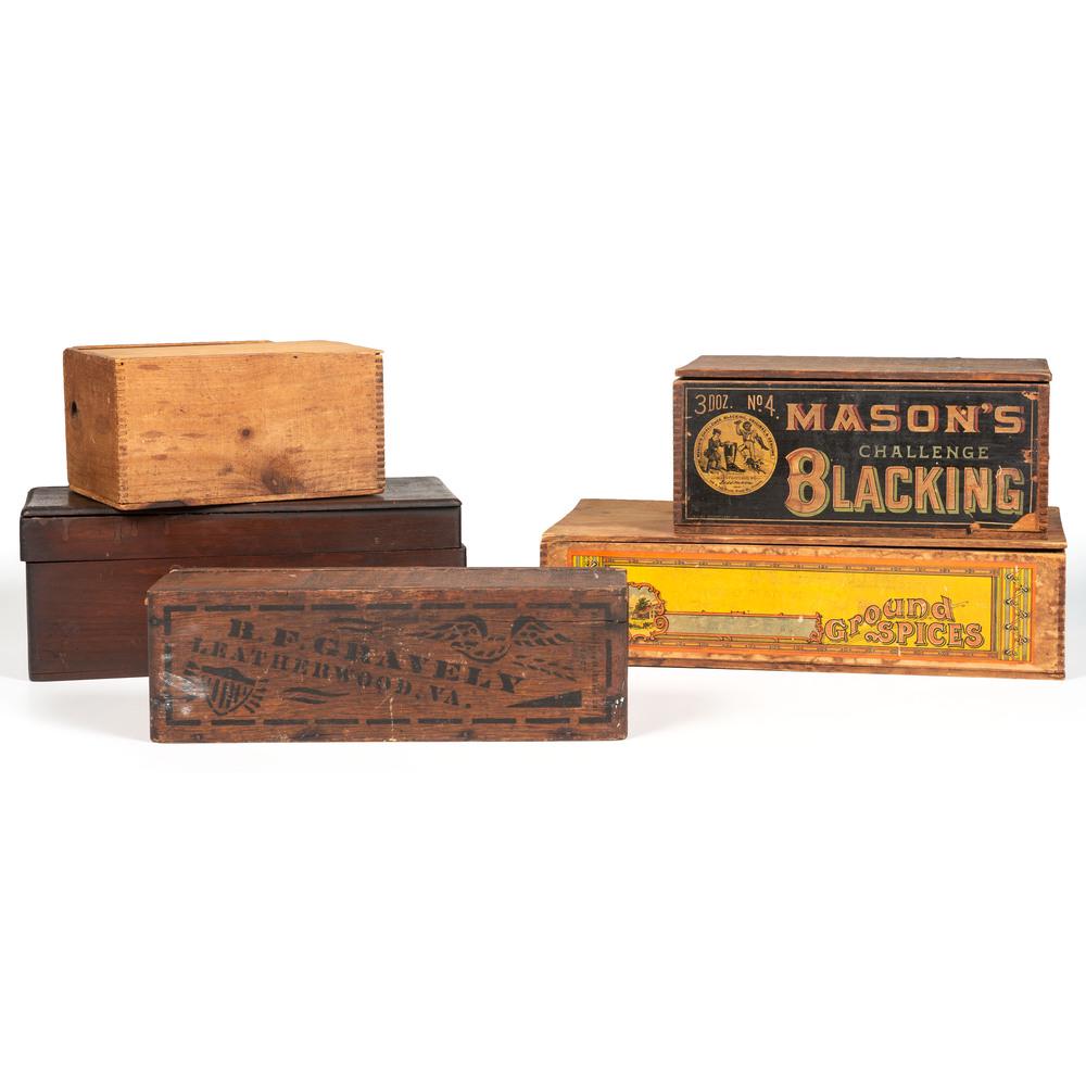 Five Wood Store Display Boxes: 19th/20th Century comprising a BF Gravely Tobacco box, a Mason's Challenge Blacking box, Scudder's Licorice box, a D.M. Ferry & Co's. Seed box and a Johnston & Brevellier Ground Spice box. First menti
