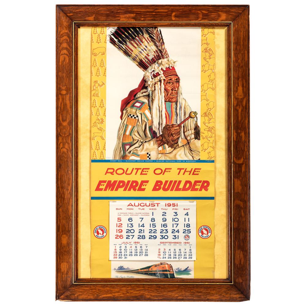 A Great Northern Railroad, Route of the Empire Builder: A Great Northern Railroad, Route of the Empire Builder Calendar August 1951 featuring an illustration of Angry Bull after Winold Reiss. Sight: 32 1/2 x 16 inches.