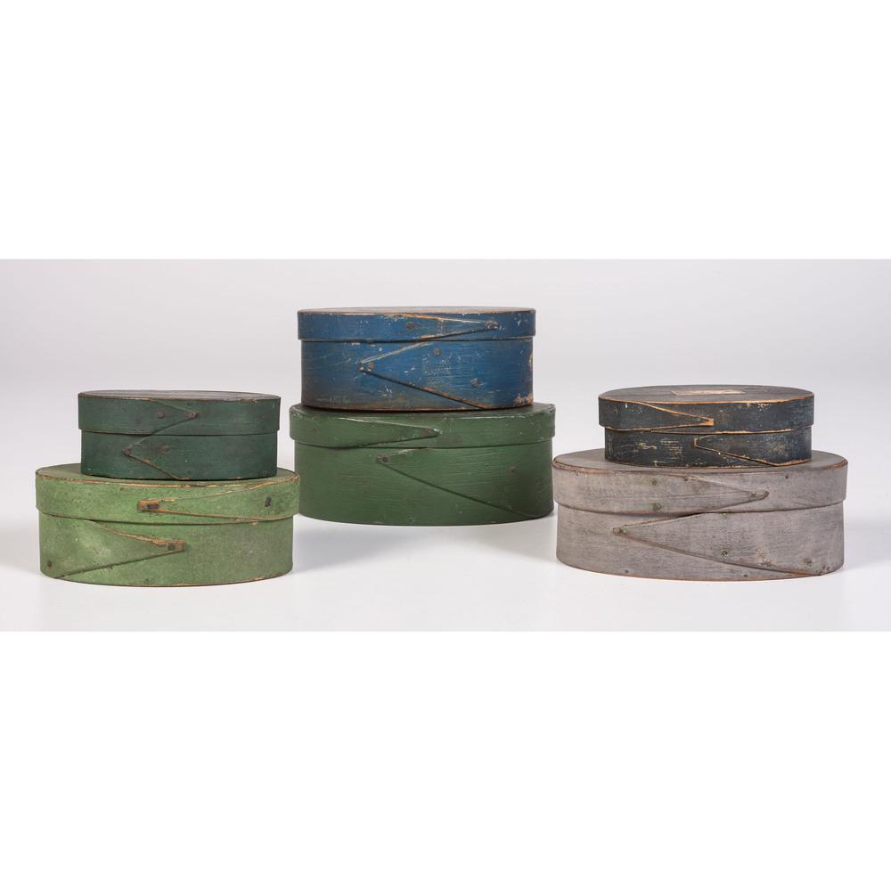 Six Painted Bentwood Pantry Boxes: Six Painted Bentwood Pantry Boxes 19th Century three in green paint, two in blue and one in gray. largest with C. Barton inscribed on bottom and lid interior. Height of largest 2 3/4 x length 7 x wi