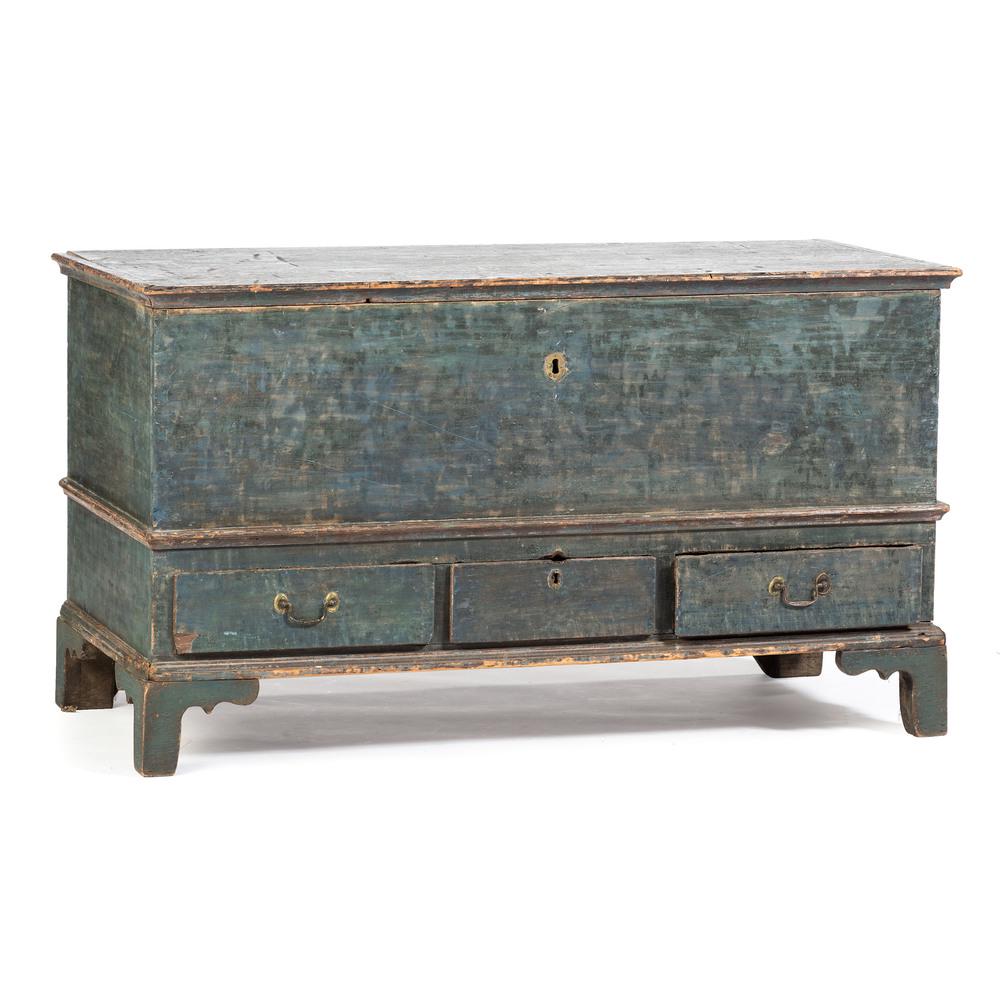 A Chippendale Blue Painted Poplar Three-Drawer Blanket: A Chippendale Blue Painted Poplar Three-Drawer Blanket Chest Likely Pennsylvania, Circa 1800 appears to retain its original till. Height 27 3/4 x width 50 1/4 x depth 22 3/4 inches.