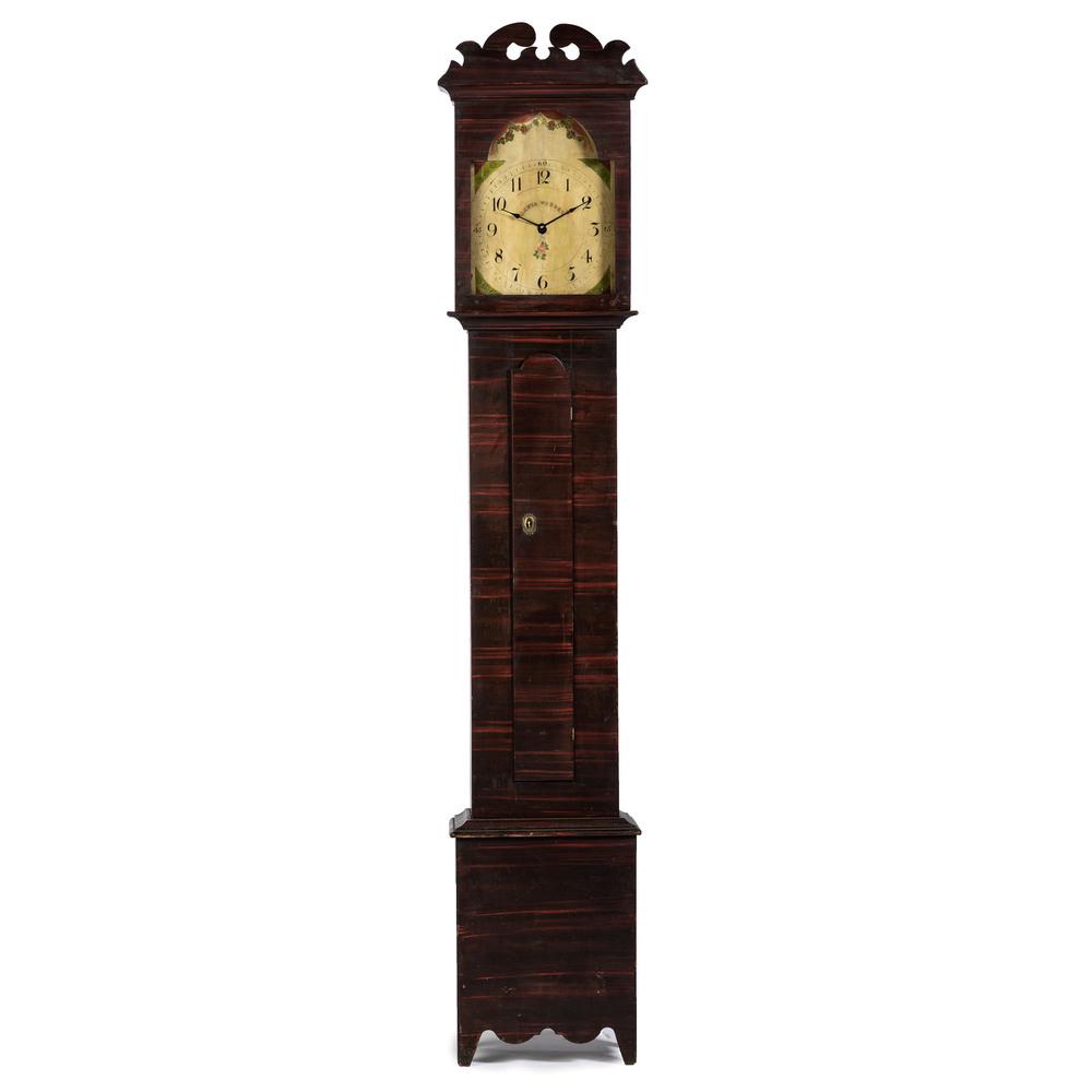 An Ohio Grain Paint-Decorated Maple Tall Case Clock and: An Ohio Grain Paint-Decorated Maple Tall Case Clock and Dial 19th Century dial signed W(heeler) Lewis Warren. Height 85 x width 17 x depth 10 1/2 inches. Lewis was active in Warren, Trumbull Count