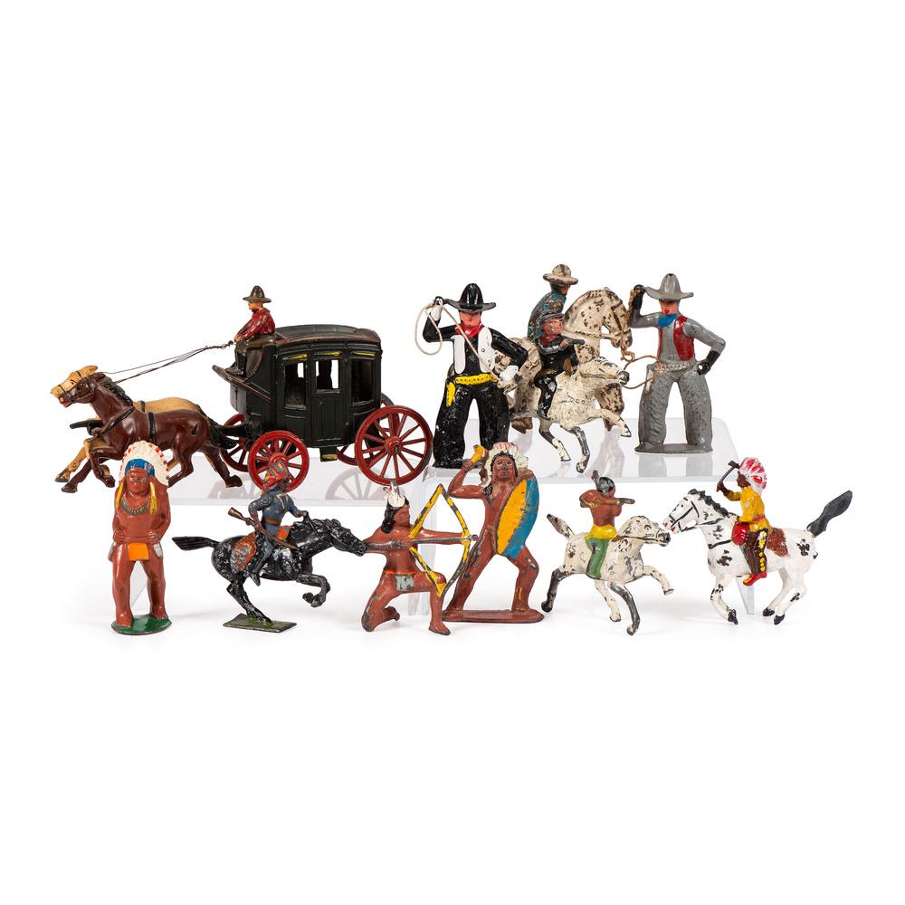 A Large Group of Cast Iron and Metal Western-Themed Toy: A Large Group of Cast Iron and Metal Western-Themed Toy Figurines 20th Century including two AHI Brand box sets, and examples by Manoil and Johillco. Length of largest 6 3/4 inches.
