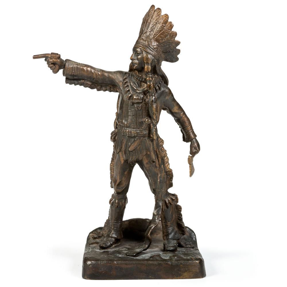 Carl Kauba (Austrian, 1865-1922): Carl Kauba (Austrian, 1865-1922) Chief with Pistol and Tomahawk bronze signed on base, and marked Austria KF. Height 8 1/8 inches