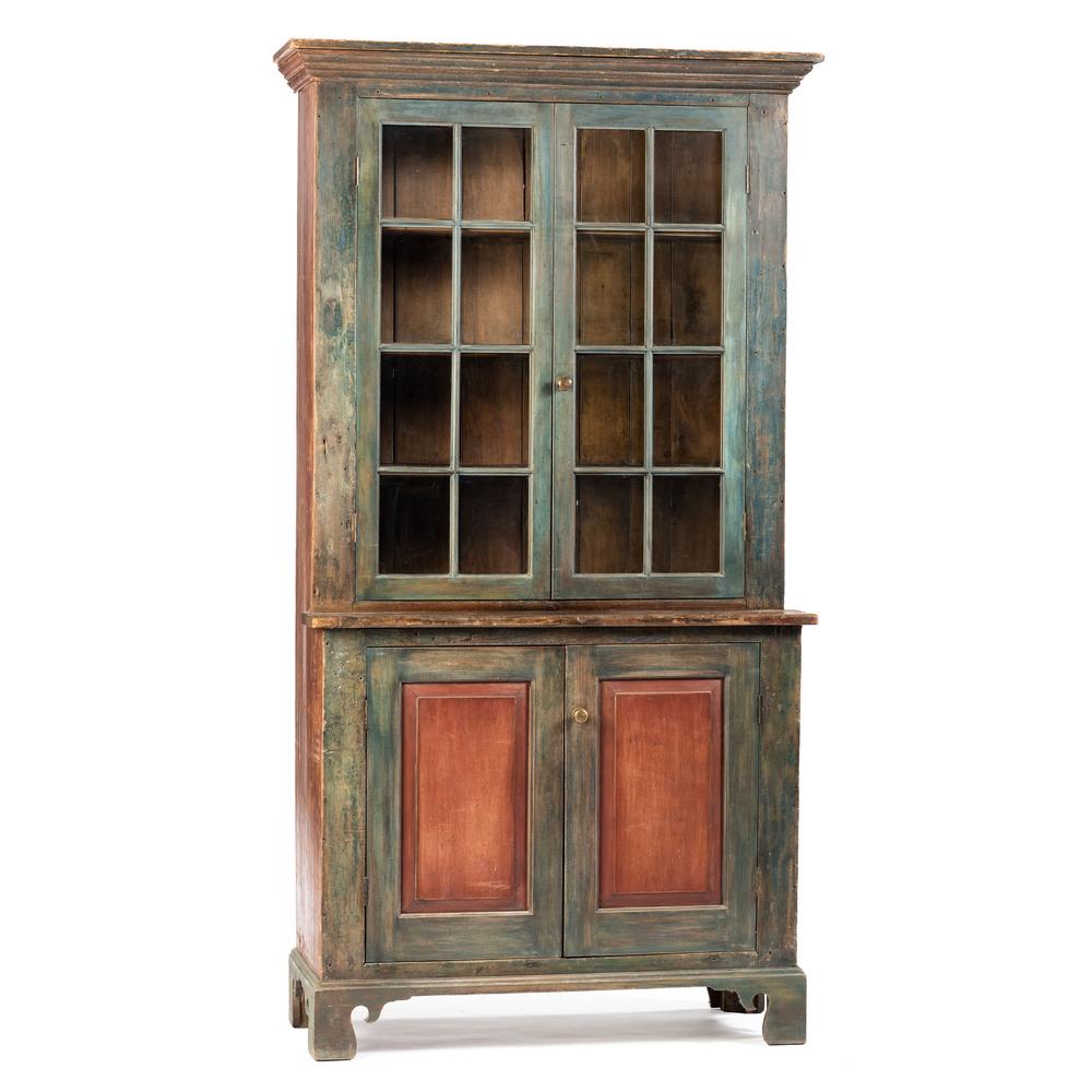 A Chippendale Red and Blue Painted Poplar Stepback: A Chippendale Red and Blue Painted Poplar Stepback Cupboard Pennsylvania, 18th Century, with alteration the doors on the upper and lower section are likely later added. Height 89 1/2 x width 48 x dept