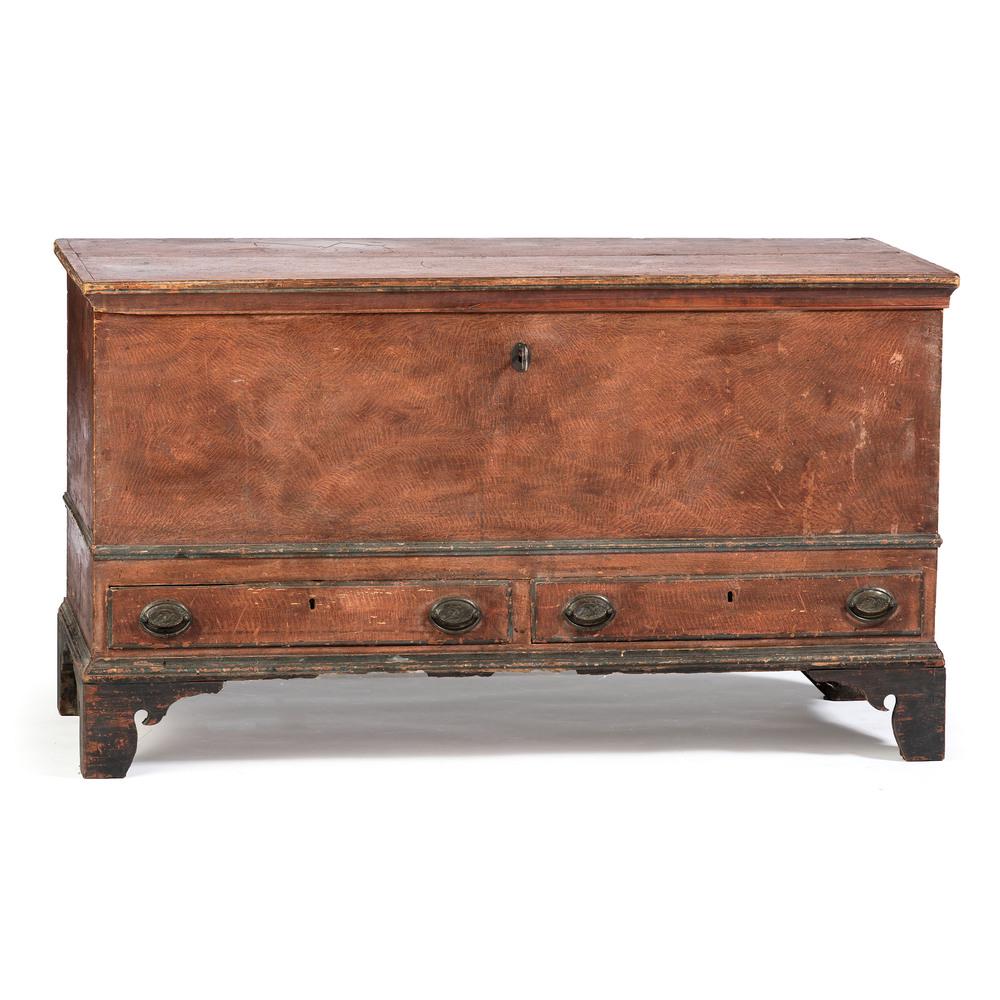 A Chippendale Grain Painted Poplar and Pine Two-Drawer: A Chippendale Grain Painted Poplar and Pine Two-Drawer Blanket Chest Likely Western Pennsylvania or Ohio, first half 19th century inscribed on the reverse Jos. Allgyer Smithville Sta Wayne County Ohi