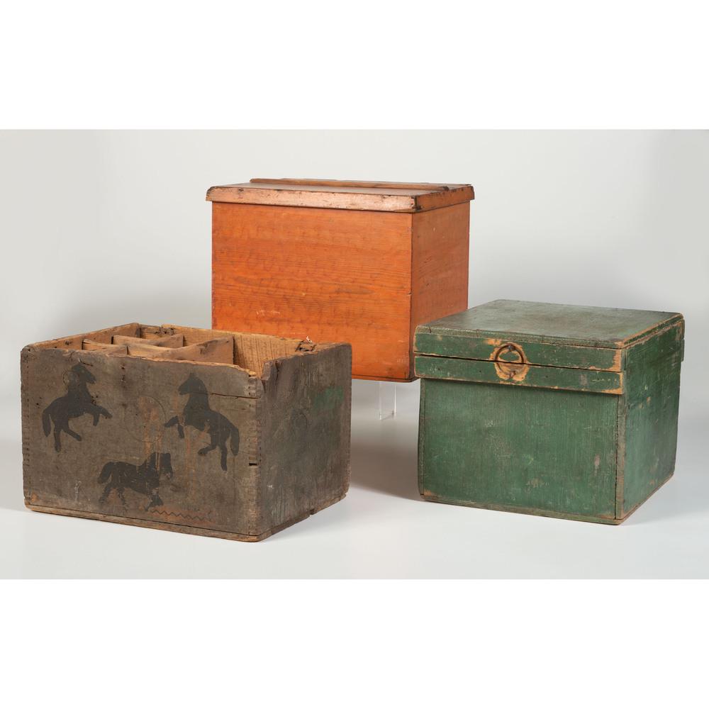 Three Painted Pine Boxes: Three Painted Pine Boxes 19th Century comprising a horse painted storage box, a red-washed covered storage bin and a green-painted egg crate. Height of first 9 1/2 x width 11 1/2 x depth 15 1/4 inches