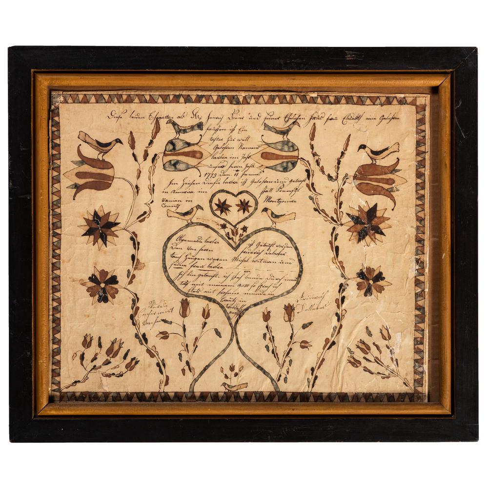 An 18th Century Montgomery Country, Pennsylvania: An 18th Century Montgomery Country, Pennsylvania Watercolor Fraktur Dated 1779 in a paint-decorated frame. sight: 13 x 16 inches.