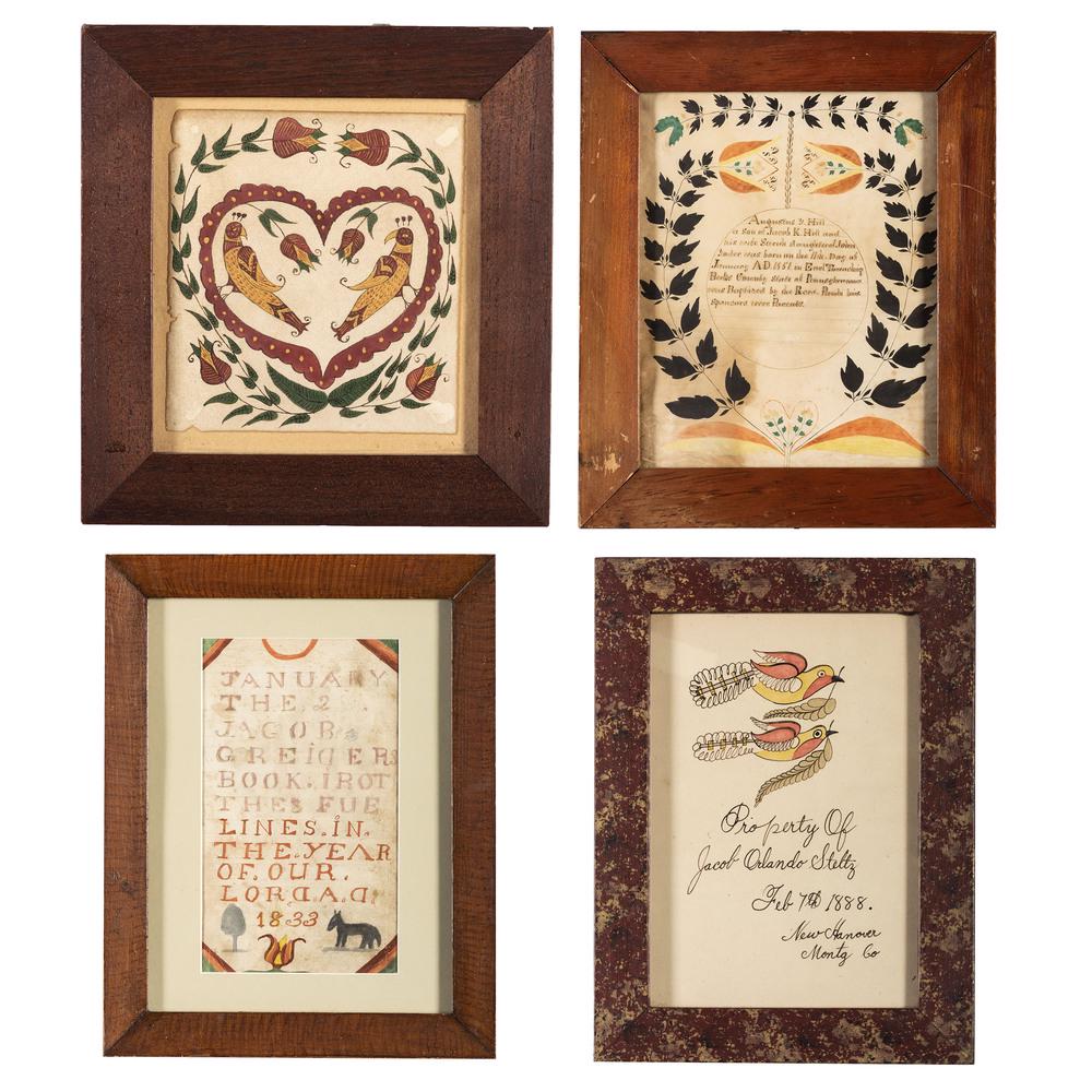 Four Pennsylvania Ink and Watercolor Frakturs and: Four Pennsylvania Ink and Watercolor Frakturs and Bookplates 19th Century sight of largest: 9 1/2 x 7 1/2 inches.