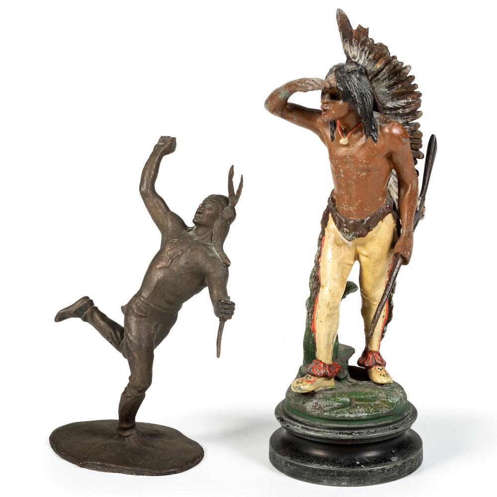 Two Native American Bronze Figures: Two Native American Bronze Figures 20th Century an Austrian cold-painted bronze figure and a Tiffany Studios figure. Height of larger 8 1/2 inches.