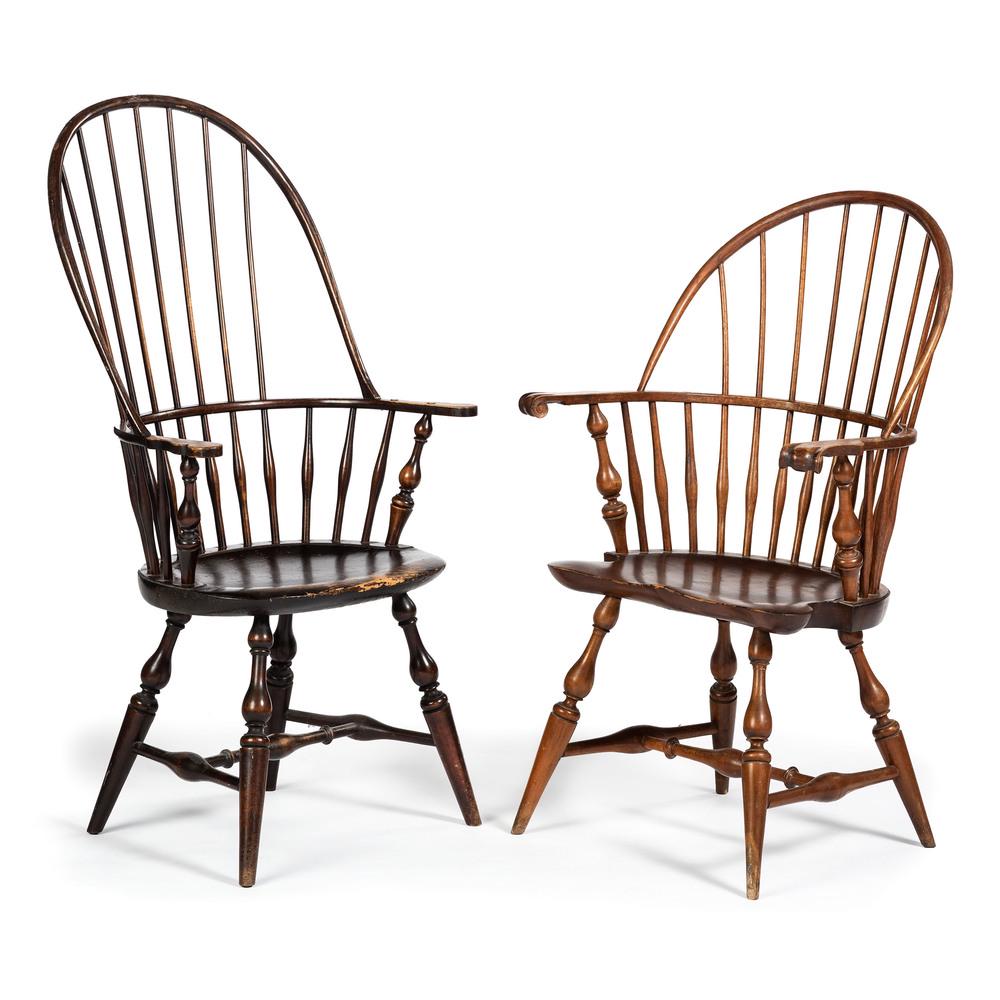 Two Wallace Nutting Bow-Back Windsor Armchairs: Two Wallace Nutting Bow-Back Windsor Armchairs 20th Century one example stamped WALLACE NUTTING, the other bearing a Nutting paper label and impressed 409. Height of taller 46 1/4 inches.