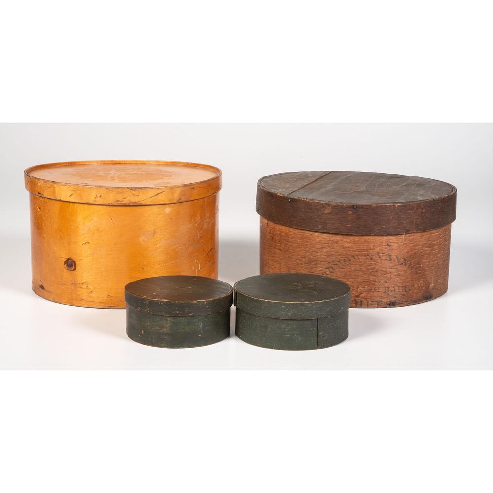 Four Bentwood Pantry Boxes: Four Bentwood Pantry Boxes 19th/20th Century two small round boxes in green paint and two larger boxes, one having illegible stenciling to lid and body. Height of largest 7 1/2 x diameter 12 1/2 inc