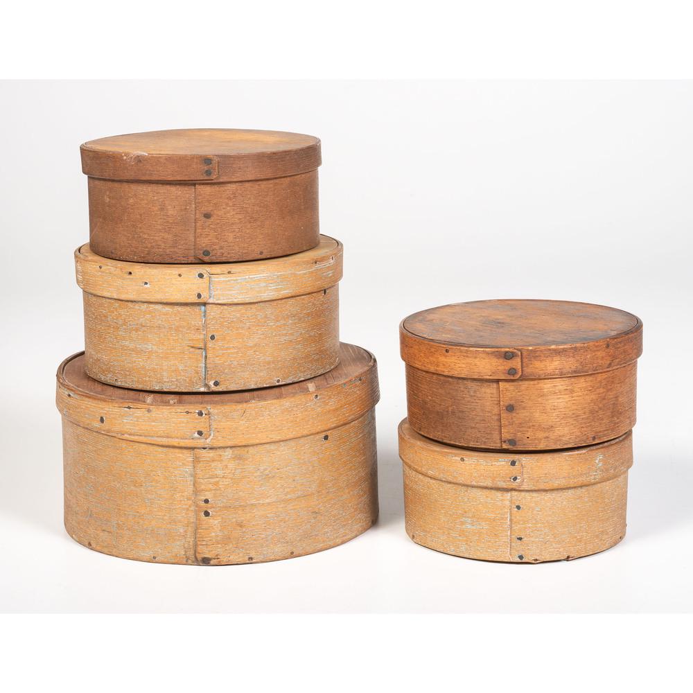 Five Bentwood Pantry Boxes: Five Bentwood Pantry Boxes 19th/20th Century five round lidded boxes, one with remnants of old green paint, one with illegible name impressed on lid. Height of largest 5 x diameter 9 1/4 inches.
