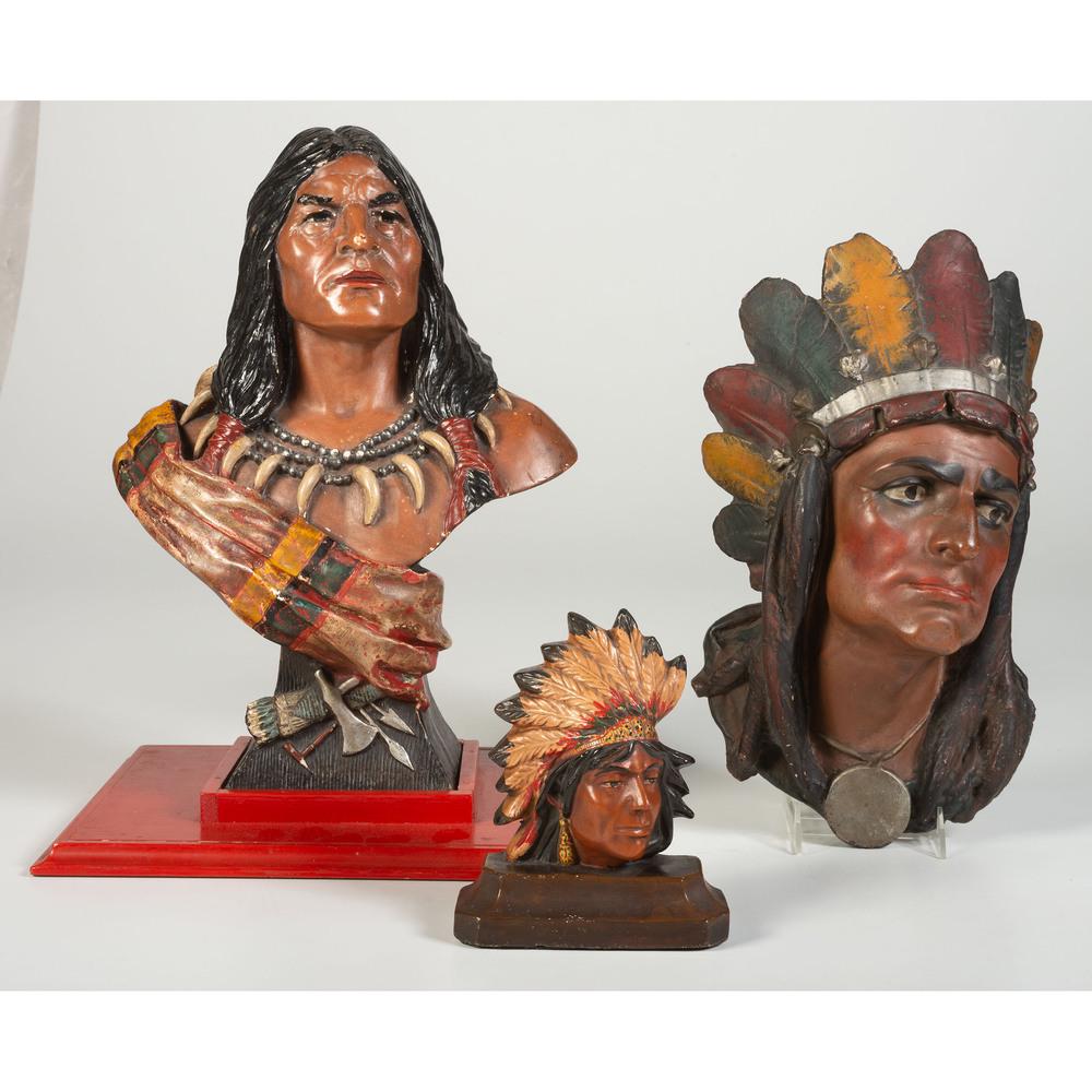 Three Painted Molded Plaster Cigar Store Indian Busts: Three Painted Molded Plaster Cigar Store Indian Busts 20th Century including one for the Bailey Co. Height of larger 18 1/2 inches.
