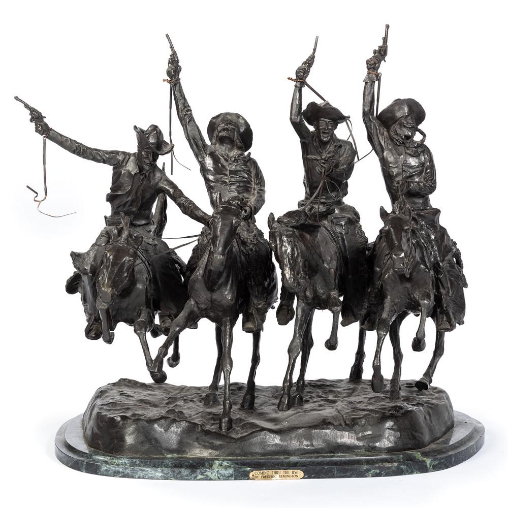 A Frederick Remington (American, 1861-1909) Bronze: A Frederick Remington (American, 1861-1909) Bronze Recast Coming through the Rye signed on bronze base. on a marble base. Height 28 x width 28 x depth 27 inches (including base).