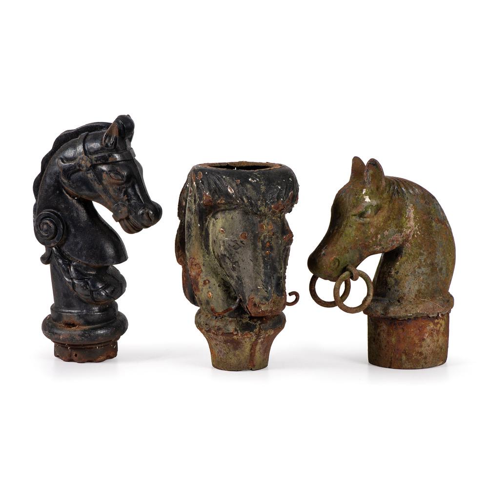 Three Cast Iron Horse Hitching Post Tops: Three Cast Iron Horse Hitching Post Tops 19th/20th Century Height of largest 15 1/4 inches.