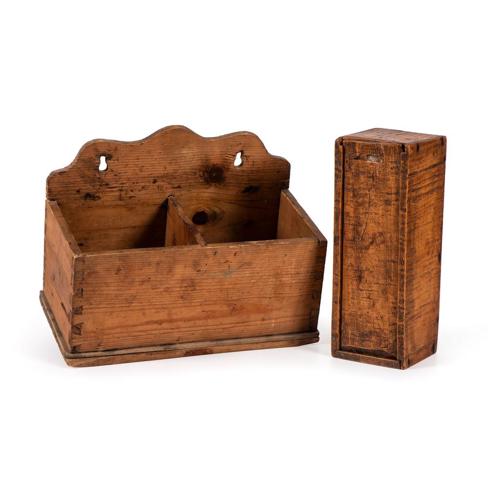A Figured Maple Slide Lid Box and Pine Hanging Box: A Figured Maple Slide Lid Box and Pine Hanging Box American, 19th Century hanging box in pine with two compartments and fragments of ledgers affixed to bottom, the figured maple slide box with old sq