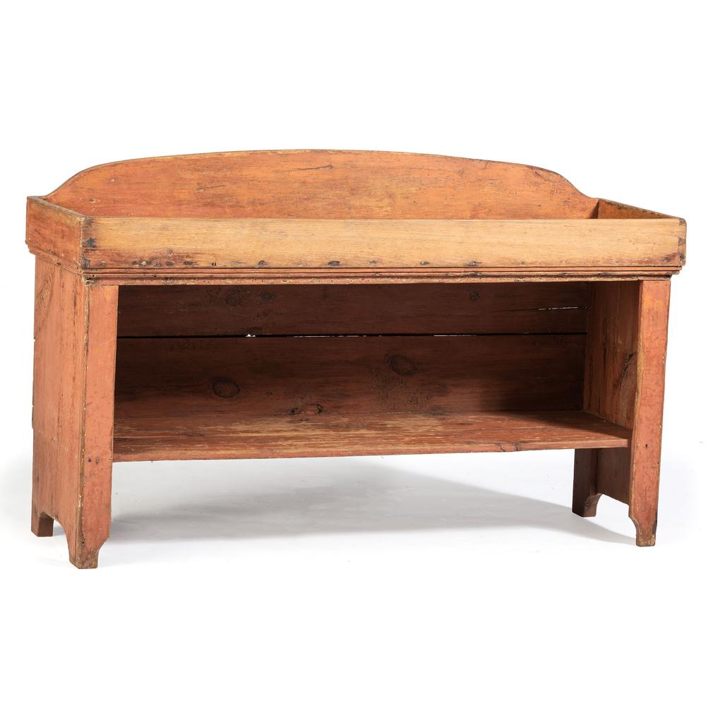 A Country Red-Washed Pine Crock Bench or Dry Sink: A Country Red-Washed Pine Crock Bench or Dry Sink Likely Pennsylvania or Ohio, 19th Century Height 37 x width 60 x depth 19 1/2 inches.
