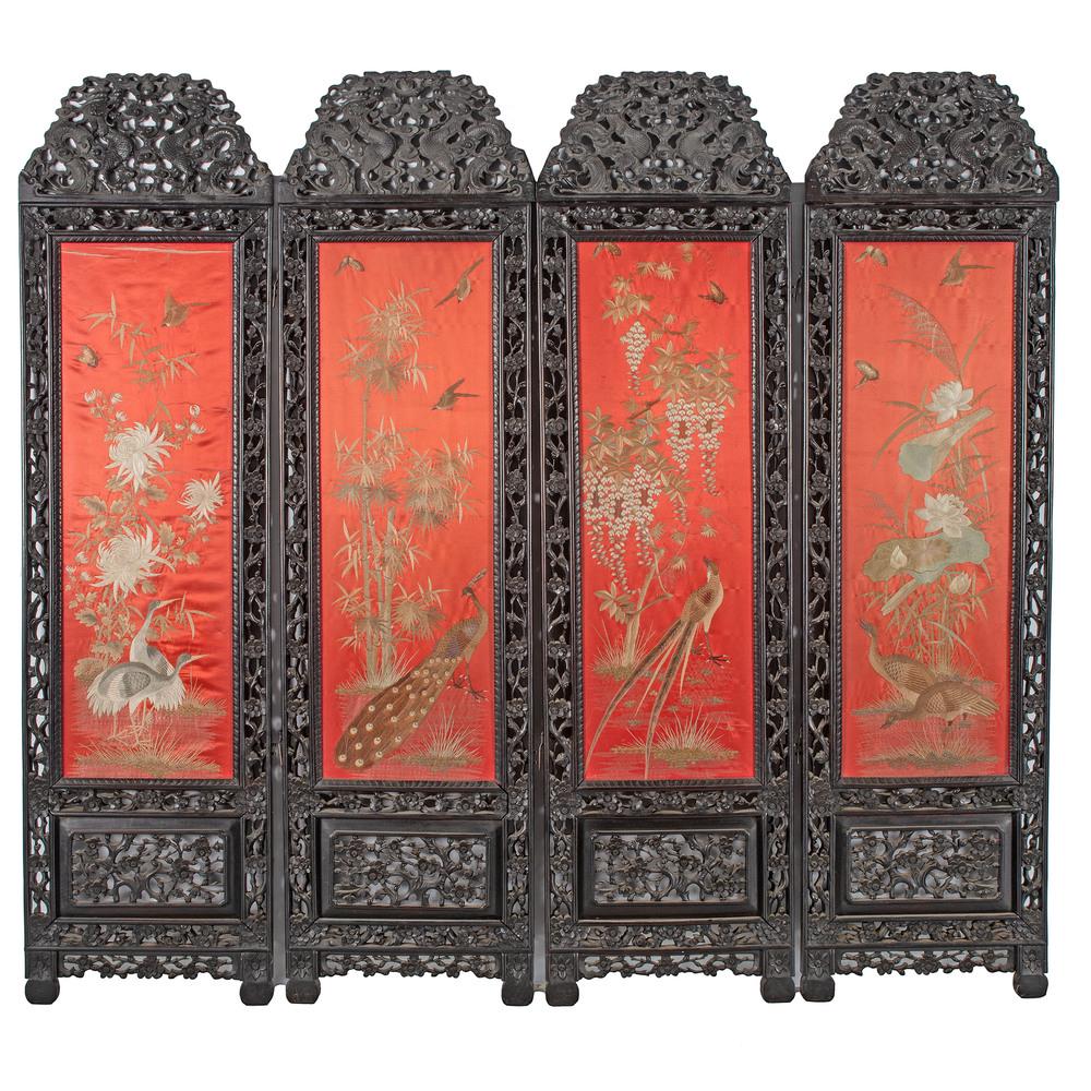 A Chinese Export Carved and Ebonized Silk Embroidery: A Chinese Export Carved and Ebonized Silk Embroidery Inset Four Panel Floor Screen 19th Century Height of each panel 73 1/2 x width 20 inches.