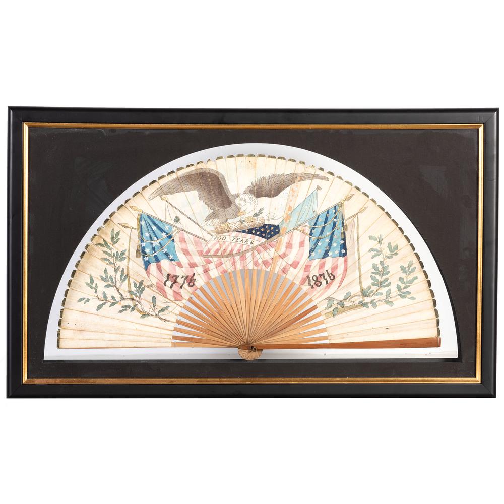 A Centennial Painted Fan: A Centennial Painted Fan 1876 double-sided and set in shadow box. Box 15 1/2 x 26 inches.