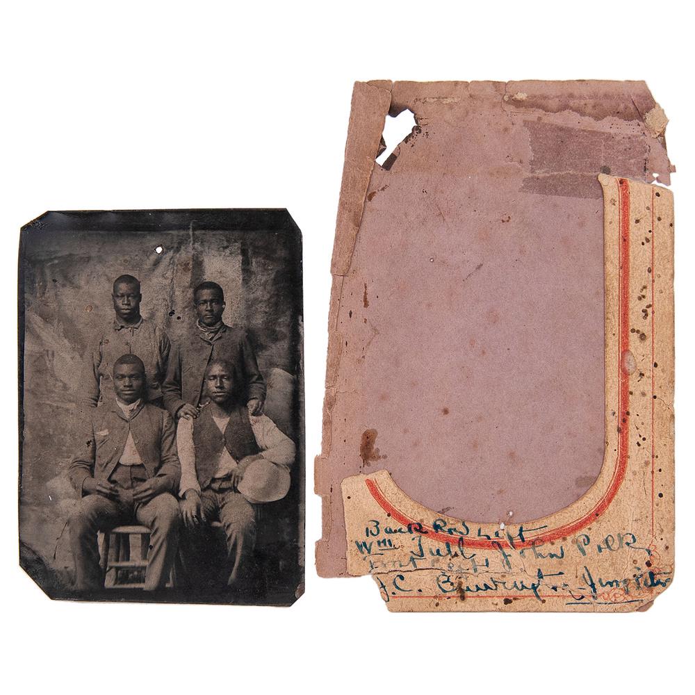 Tintype of Sergeant Thomas Polk, Fort Sill, Indian: Tintype studio portrait of four men, one identified as Sargent Thomas Polk of the 9th Cavalry. Uncredited: [Fort Sill, Indian Territory], n.d., circa 1885. With original paper frame, now separated fro