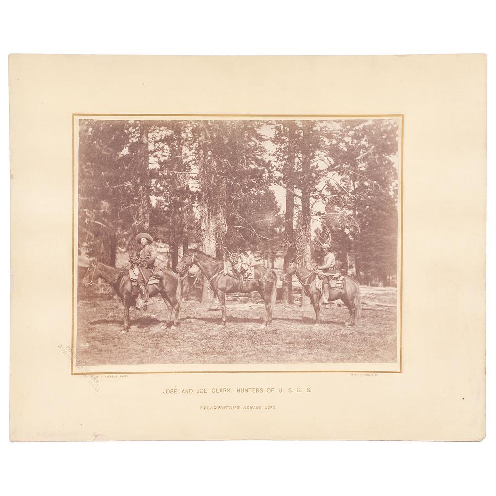 José and Joe Clark, Hunters of the U.S.G.S., Oversize: Albumen photograph, 8.75 x 6.625 in., mounted to 13 x 10.5 in., featuring José and Joe Clark. W.H. Jackson: Washington, DC, 1871. Captioned on mount: "José and Joe Clark, Hunters of U. S. G. S." Im