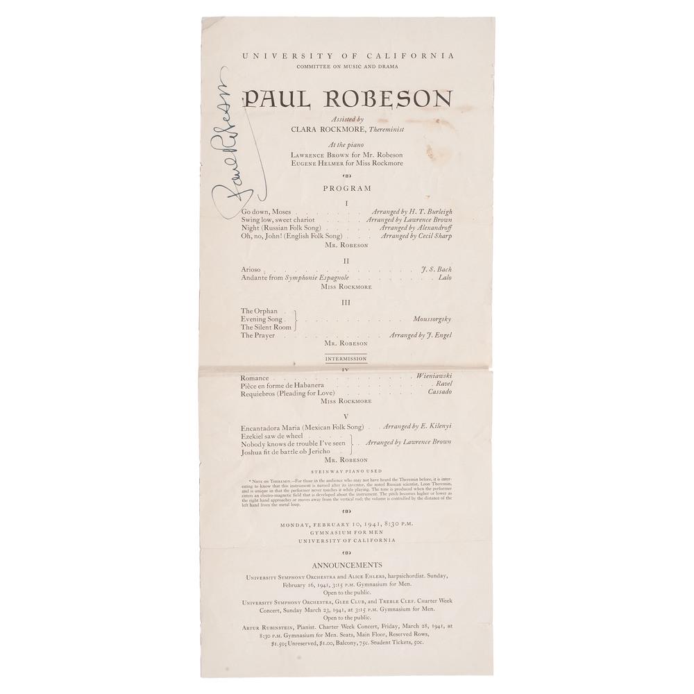 Signed Paul Robeson Ephemera, California: Lot of 2. Invitation to a dinner honoring Paul Robeson, September 8 [n.y.], at the California Theatre Club, San Francisco, California. 5.5 x 4.25 in. (136 x 106 mm); sheet 10.75 x 8.25 in. (272 x 21