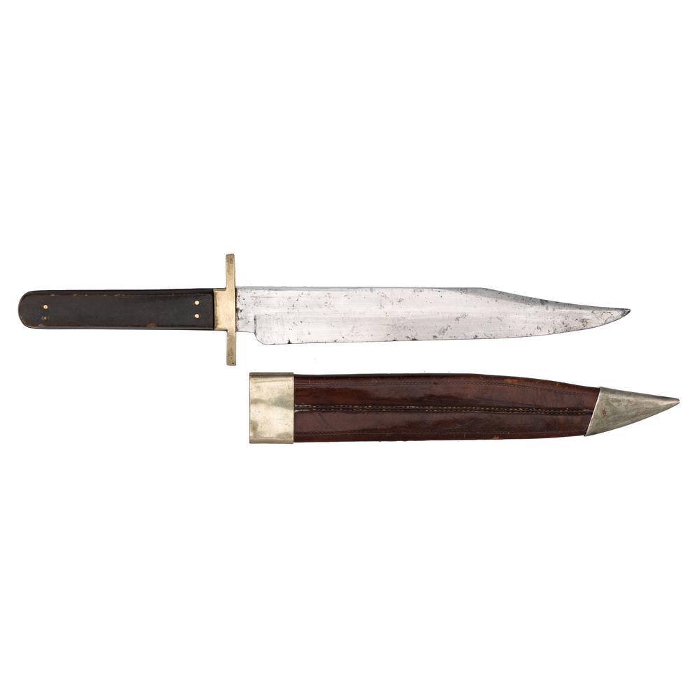 Bowie Knife By Joseph Rodgers, Verified Royal Warrent: 9" clip point blade, marked on the ricasso Joseph Rodgers, Cutlers to her Majesty. Horn handles with German silver escutcheon and guard. Leather scabbard with German silver tip and throat.