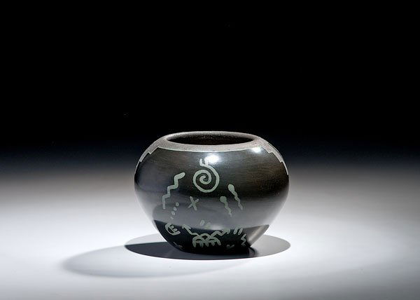 San Ildefonso Green-on-Black Bowl by Erik Fender (: San Ildefonso Green-on-Black Bowl by Erik Fender (Than Tsideh), late 20th century kiva designs around rim and traditional puebloan pictographic motifs; signed Than Tsideh on base, height 5" x diamet