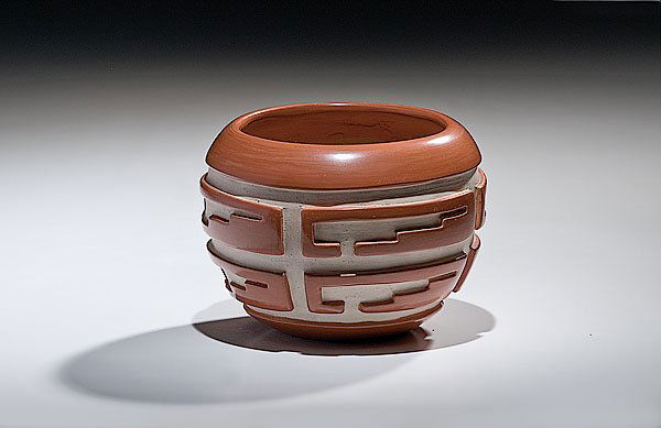Santa Clara Redware Bowl by Autumn Borts, : Santa Clara Redware Bowl by Autumn Borts, 1989 with beautifully carved hooked and stepped geometrics; signed on base, height 4" x diameter 5.25".
