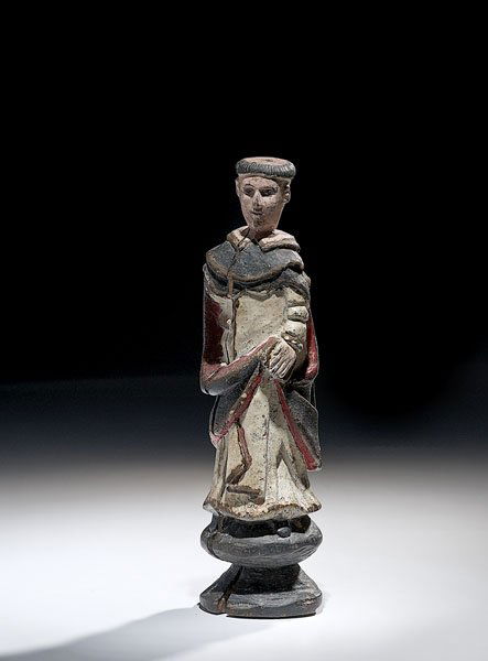 Guatemalan St. Dominic Painted Bultos, : Guatemalan St. Dominic Painted Bultos, early 20th centuryprobably representing the founder of the Dominican Order based on statue's religious garments and the book in his left hand, height w/stand 1